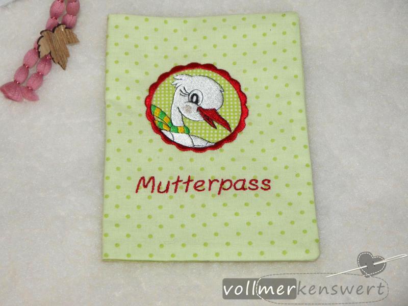 Mutterpasshülle Storch-Button "Mutterpass" - Schriftzug bestickt -sofort lieferbar-